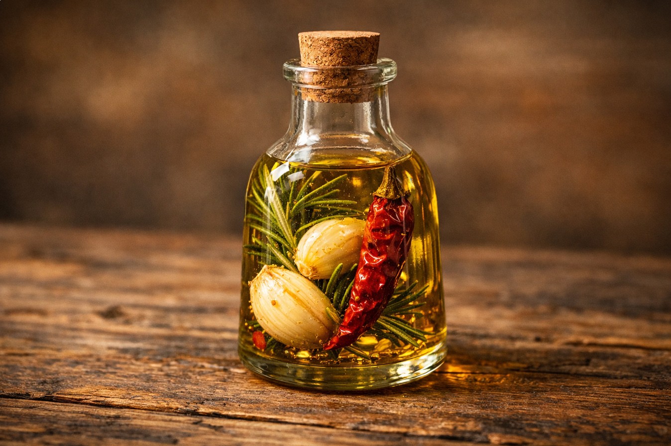 Rosmarin, Knoblauch und Chili mit Olivenöl in einer Flasche Rosmarin, Knoblauch und Chili mit Olivenöl in einer Flasche